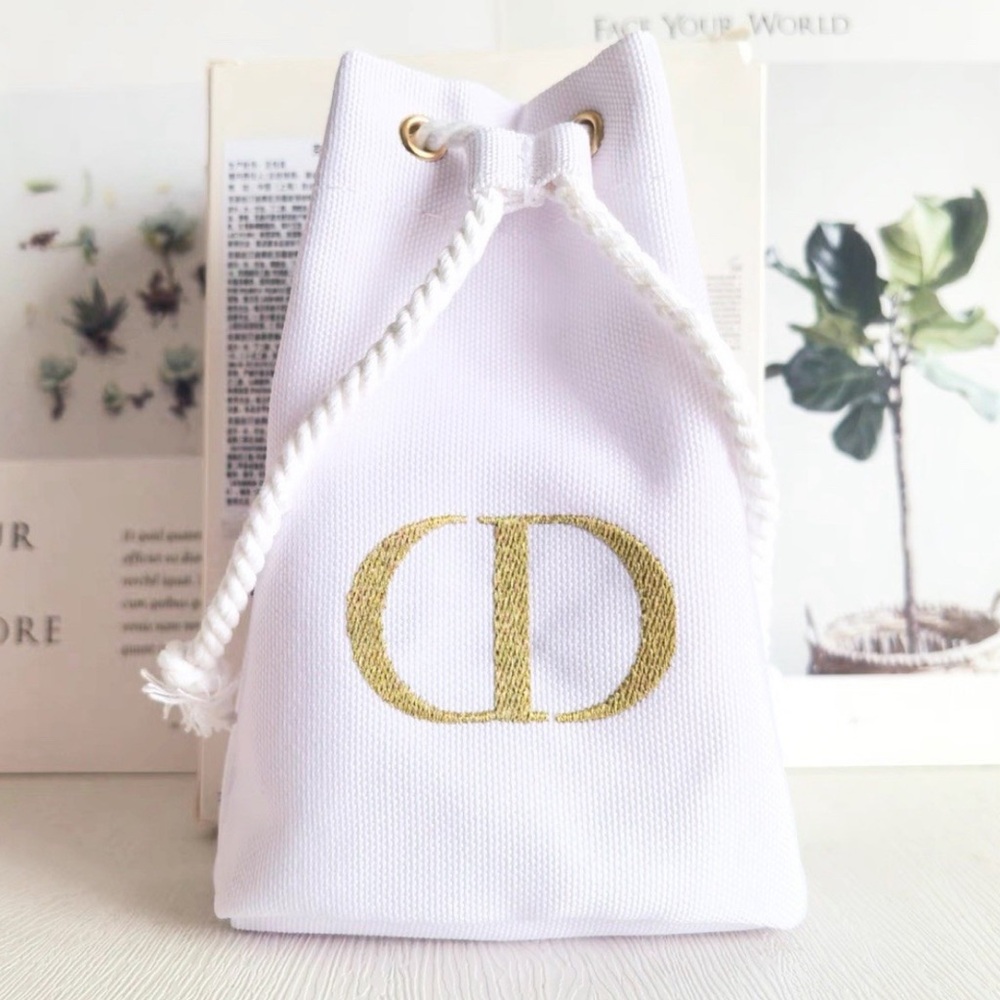 CHRISTIAN DIOR Beauty Drawstring Pouch Cosmetic Bag White Canvas with Gold Logo